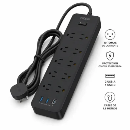 Regleta de Enchufes MCT002N Negro – 10 Tomas de Corriente con Protección