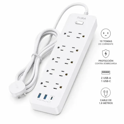 Regleta de Enchufes MCT002B Blanca – 10 Tomas de Corriente con Protección