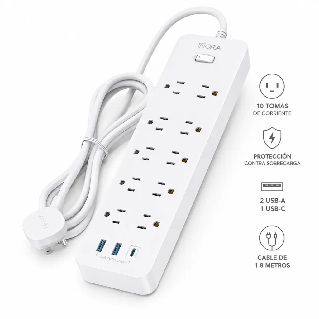 Regleta de Enchufes MCT002B Blanca – 10 Tomas de Corriente con Protección - Imagen 1