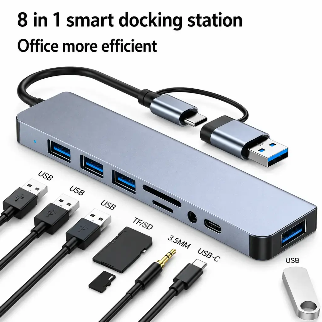 Hub USB-C 8 en 1 O.E.M. con USB 3.0, Lector SD-TF, RJ45, Audio 3.5 mm y Carga Tipo C - Imagen 1